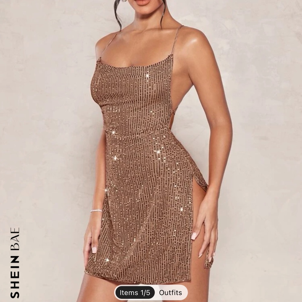 SHEIN Split Thigh Crisscross Tie Back Sequin Champagne Mini Dress Size Medium/6